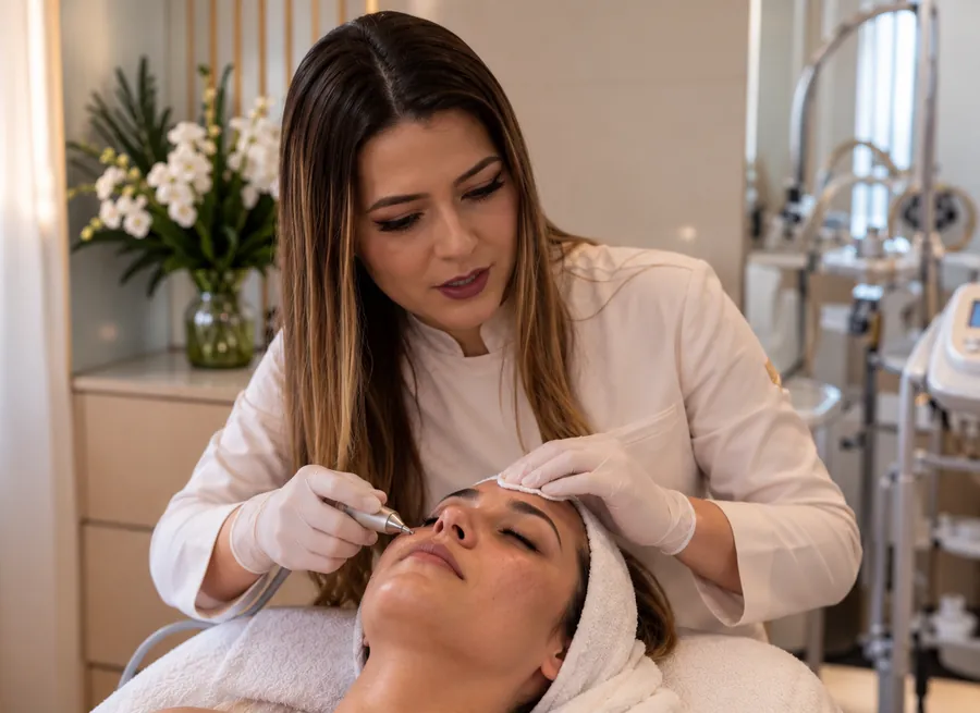 Mariane realizando limpeza de pele em uma cliente