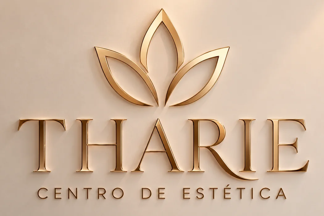 Letreiro dourado Tharie Centro de Estética na parede